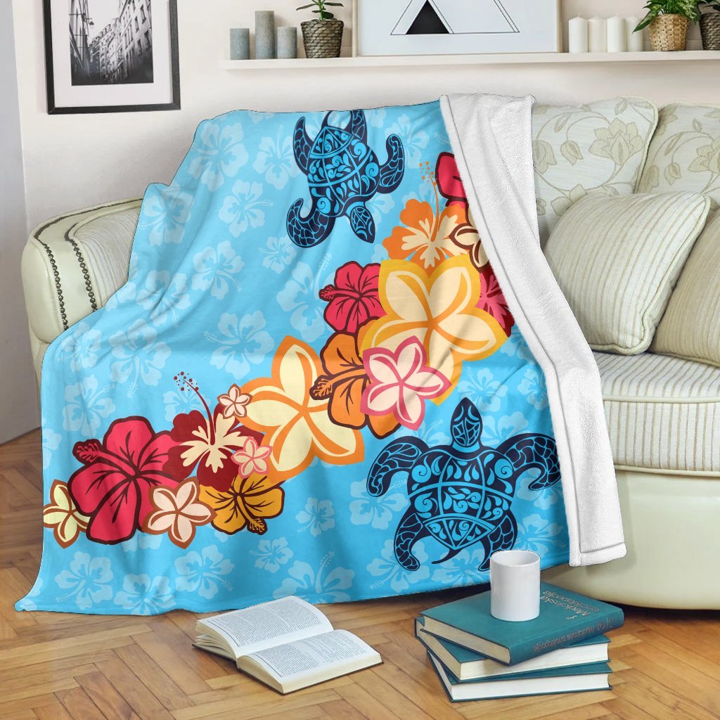 Hawaiian Ocean Turtle Plumeria And Hibiscus Polynesian Premium Blankets - AH White - Polynesian Pride