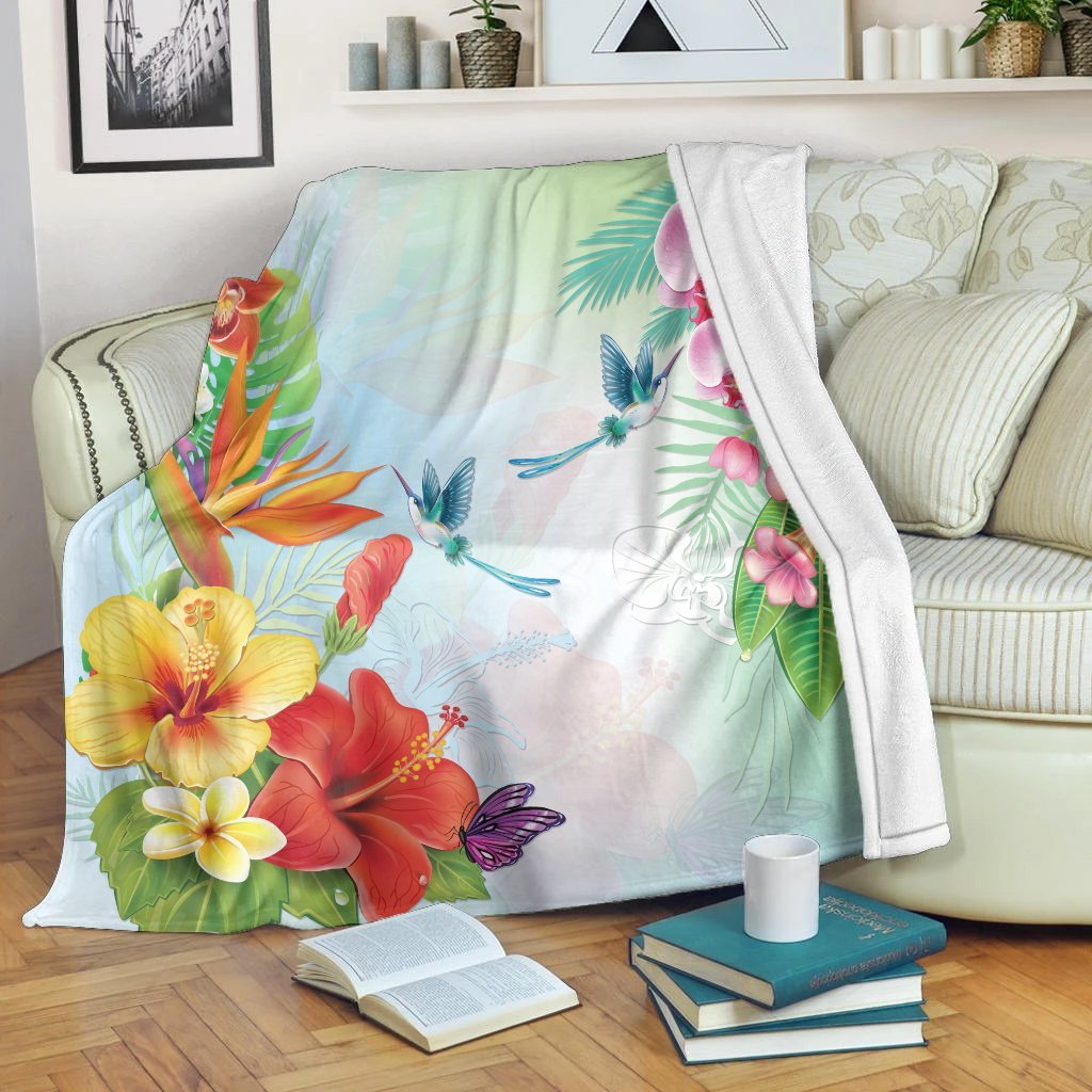 Hawaiian Orchids Strelitzia Hibiscus Plumeria Hummingbirds Polynesian Premium Blankets - AH White - Polynesian Pride