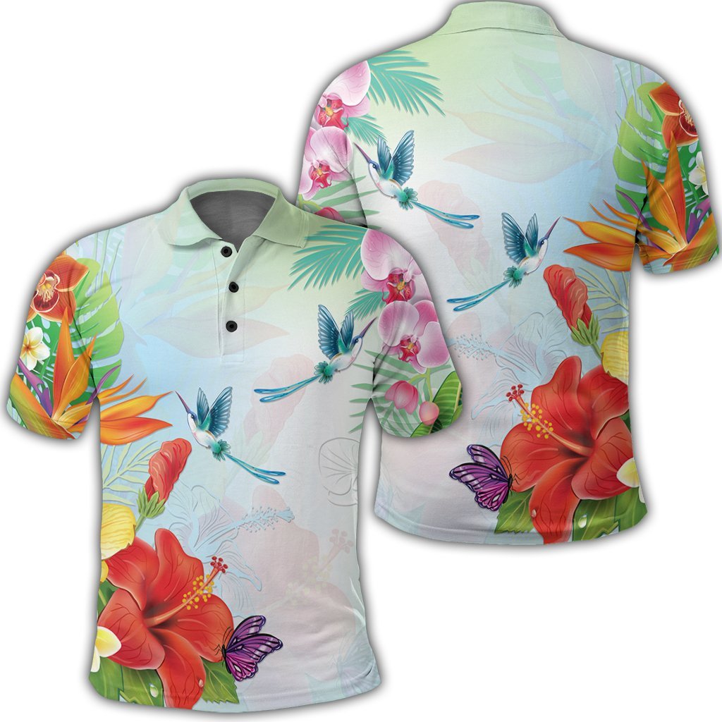 Hawaiian Orchids Strelitzia Hibiscus Plumeria Hummingbirds Polynesian Polo Shirt Unisex Black - Polynesian Pride