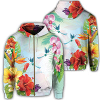 Hawaiian Orchids Strelitzia Hibiscus Plumeria Hummingbirds Polynesian Zip Hoodie Unisex Art - Polynesian Pride