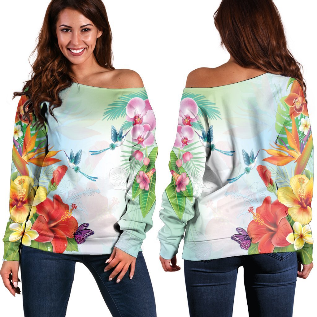 Hawaiian Orchids Strelitzia Hibiscus Plumeria Hummingbirds Polynesian Women's Off Shoulder Sweater - AH Black - Polynesian Pride