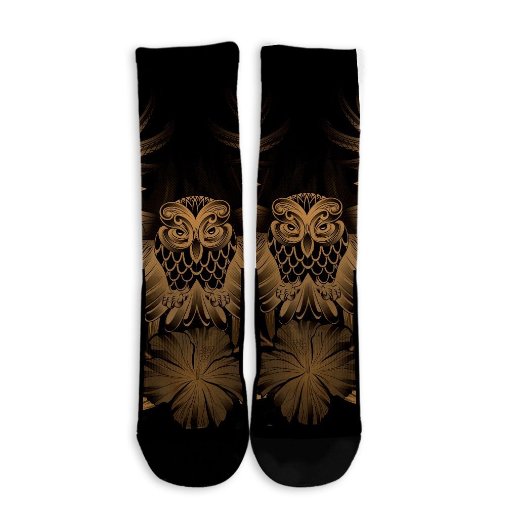 Hawaiian Owl Hibiscus Plumeria Polynesian Crew Socks - Gold - AH - Polynesian Pride