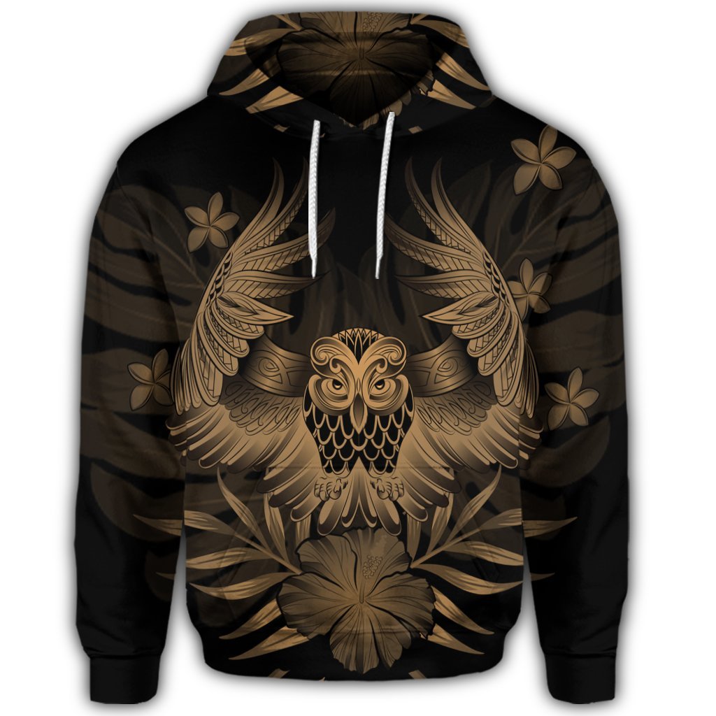 Hawaiian Owl Hibiscus Plumeria Polynesian Hoodie Gold - Polynesian Pride