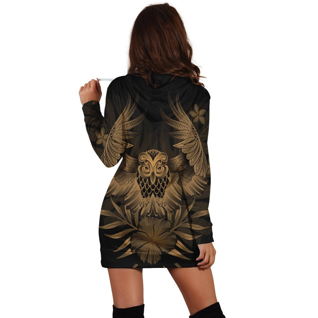 Hawaiian Owl Hibiscus Plumeria Polynesian Hoodie Dress - Gold - AH - Polynesian Pride