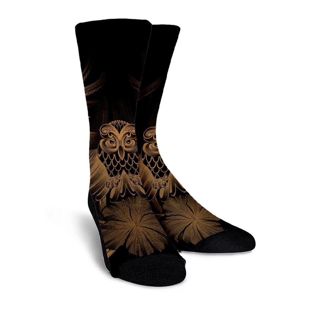 Hawaiian Owl Hibiscus Plumeria Polynesian Crew Socks - Gold - AH - Polynesian Pride