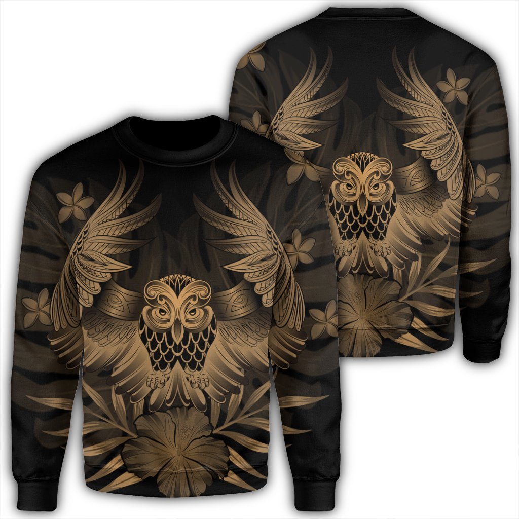 Hawaiian Owl Hibiscus Plumeria Polynesian Sweatshirt - Gold - AH Unisex Black - Polynesian Pride