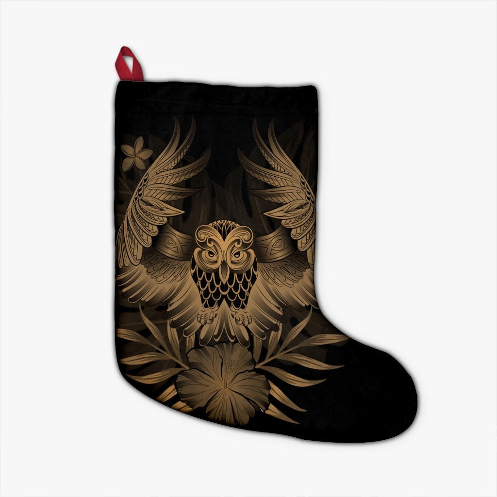 Hawaiian Owl Hibiscus Plumeria Polynesian Christmas Stocking - Gold - AH Christmas Stocking 26 X 42 cm Black - Polynesian Pride