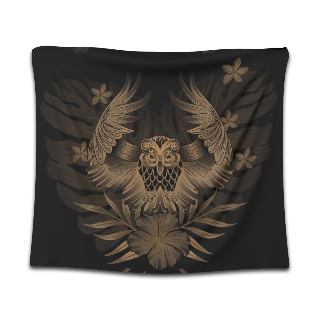 Hawaiian Owl Hibiscus Plumeria Polynesian Tapestry - Gold - AH Wall Tapestry Black - Polynesian Pride