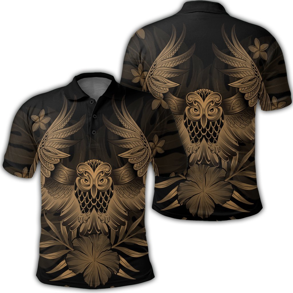 Hawaiian Owl Hibiscus Plumeria Polynesian Polo Shirt Gold Unisex Black - Polynesian Pride