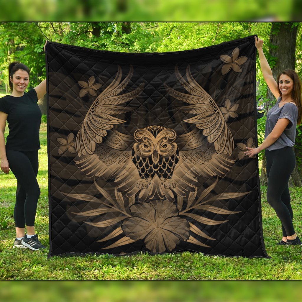 Hawaiian Owl Hibiscus Plumeria Polynesian Premium Quilts - Gold - AH Black - Polynesian Pride