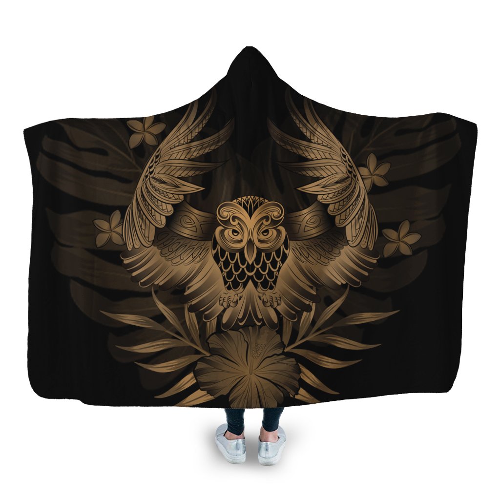 Hawaiian Owl Hibiscus Plumeria Polynesian Hooded Blanket - Gold - AH Hooded Blanket White - Polynesian Pride