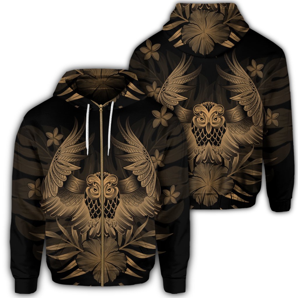 Hawaiian Owl Hibiscus Plumeria Polynesian Zip Hoodie Gold Unisex Art - Polynesian Pride