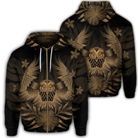 Hawaiian Owl Hibiscus Plumeria Polynesian Zip Hoodie Gold Unisex Art - Polynesian Pride