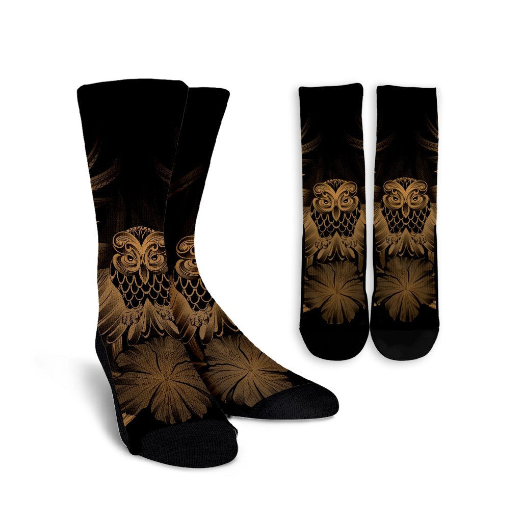 Hawaiian Owl Hibiscus Plumeria Polynesian Crew Socks - Gold - AH Crew Socks White - Polynesian Pride