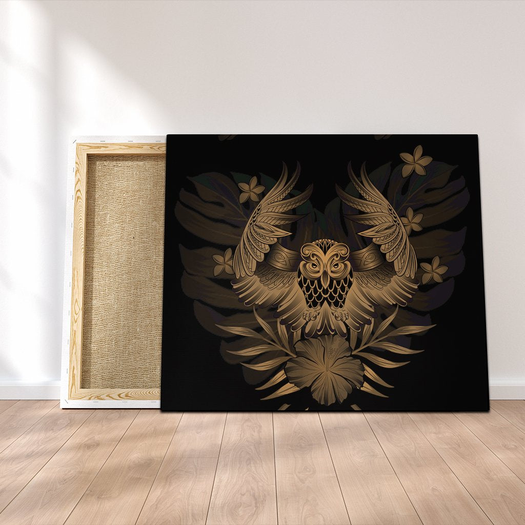 Hawaiian Owl Hibiscus Plumeria Polynesian Canvas - Gold - AH Canvas Poly-cotton - Polynesian Pride