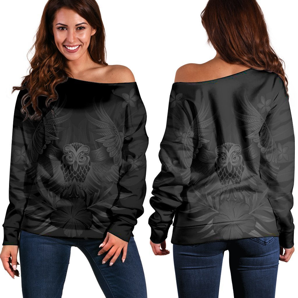 Hawaiian Owl Hibiscus Plumeria Polynesian Women's Off Shoulder Sweater - Gray - AH Black - Polynesian Pride