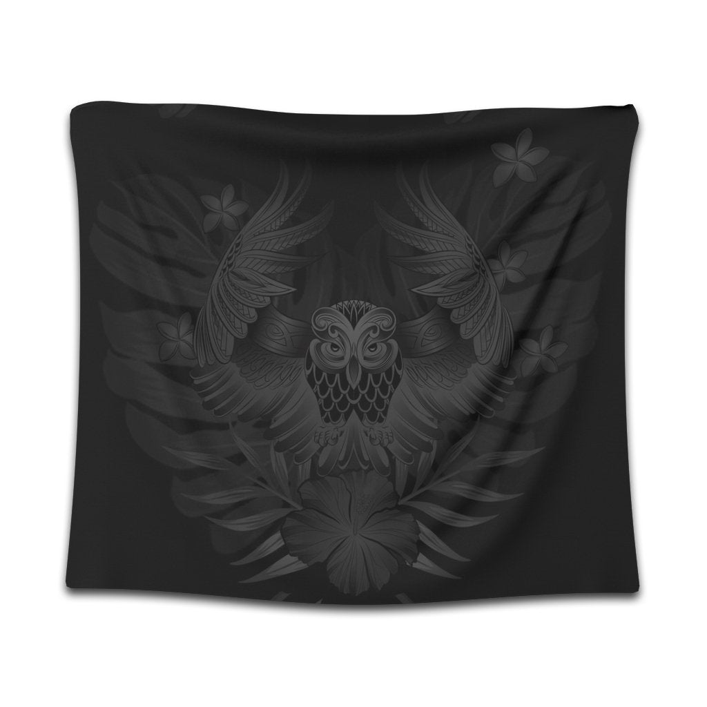 Hawaiian Owl Hibiscus Plumeria Polynesian Tapestry - Gray - AH Wall Tapestry Black - Polynesian Pride