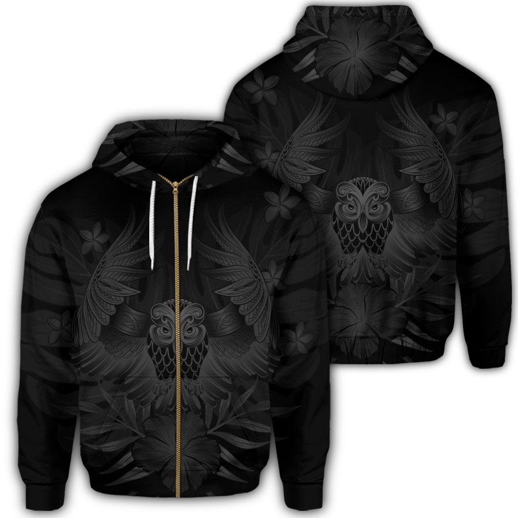 Hawaiian Owl Hibiscus Plumeria Polynesian Zip Hoodie Gray Unisex Art - Polynesian Pride