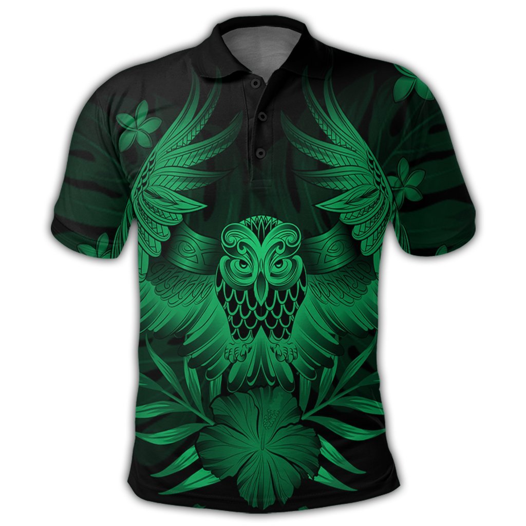 Hawaiian Owl Hibiscus Plumeria Polynesian Polo Shirt Green - Polynesian Pride