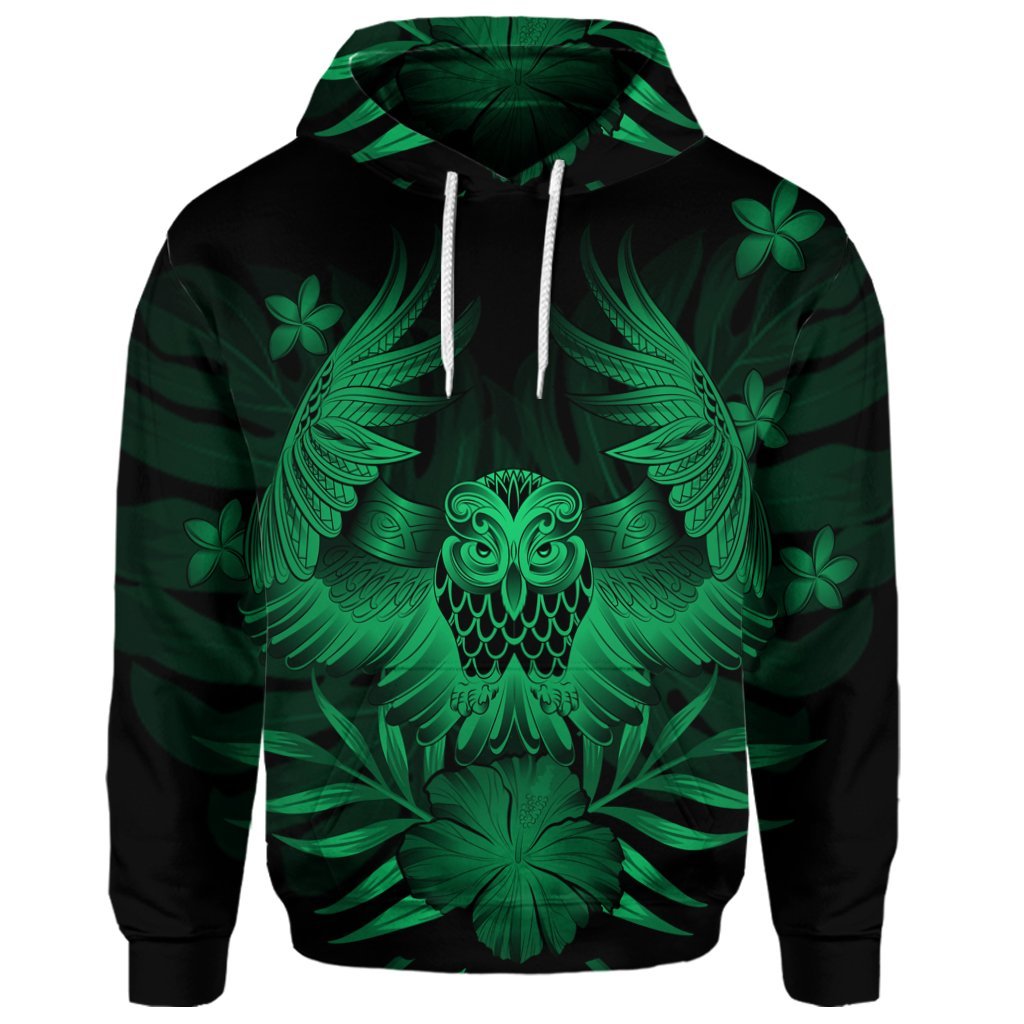 Custom Hawaiian Owl Hibiscus Plumeria Polynesian Hoodie Green - Polynesian Pride
