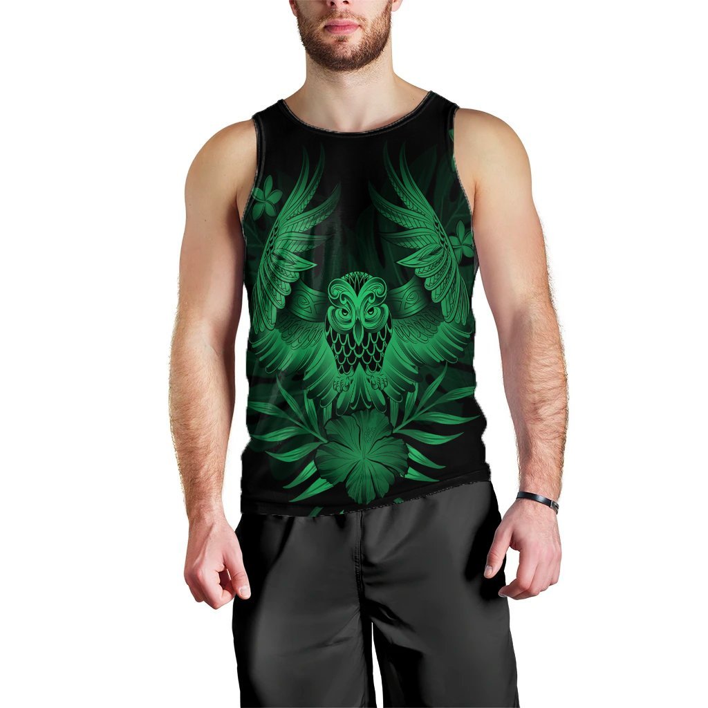 Hawaiian Owl Hibiscus Plumeria Polynesian Tank Top - Green - AH Black - Polynesian Pride