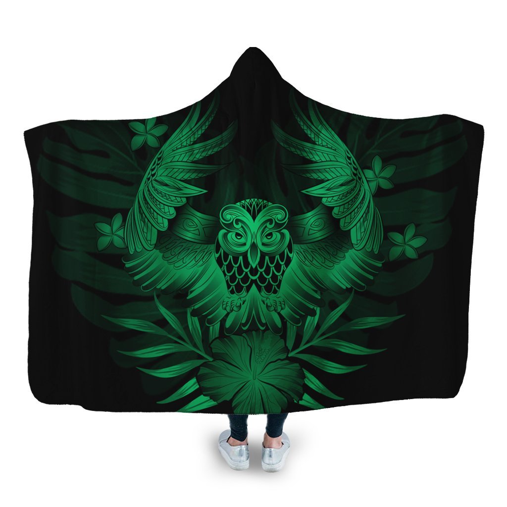 Hawaiian Owl Hibiscus Plumeria Polynesian Hooded Blanket - Green - AH Hooded Blanket White - Polynesian Pride