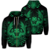 Hawaiian Owl Hibiscus Plumeria Polynesian Zip Hoodie Green Unisex Art - Polynesian Pride