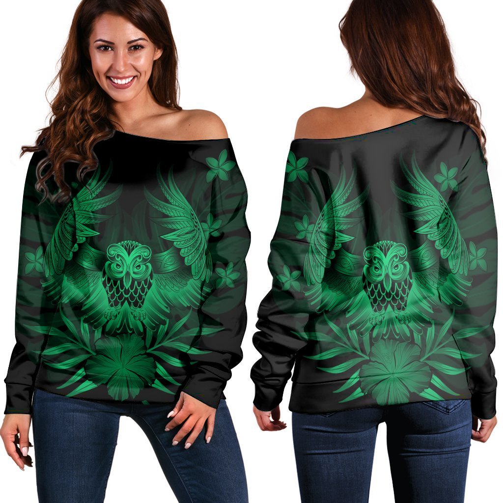 Hawaiian Owl Hibiscus Plumeria Polynesian Women's Off Shoulder Sweater - Green - AH Black - Polynesian Pride