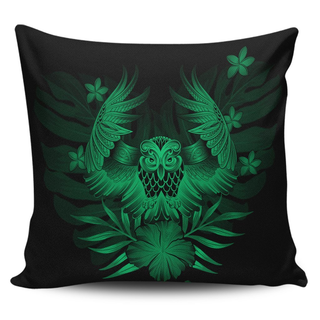 Hawaiian Owl Hibiscus Plumeria Polynesian Pillow Covers - Green - AH Pillow Covers Black - Polynesian Pride