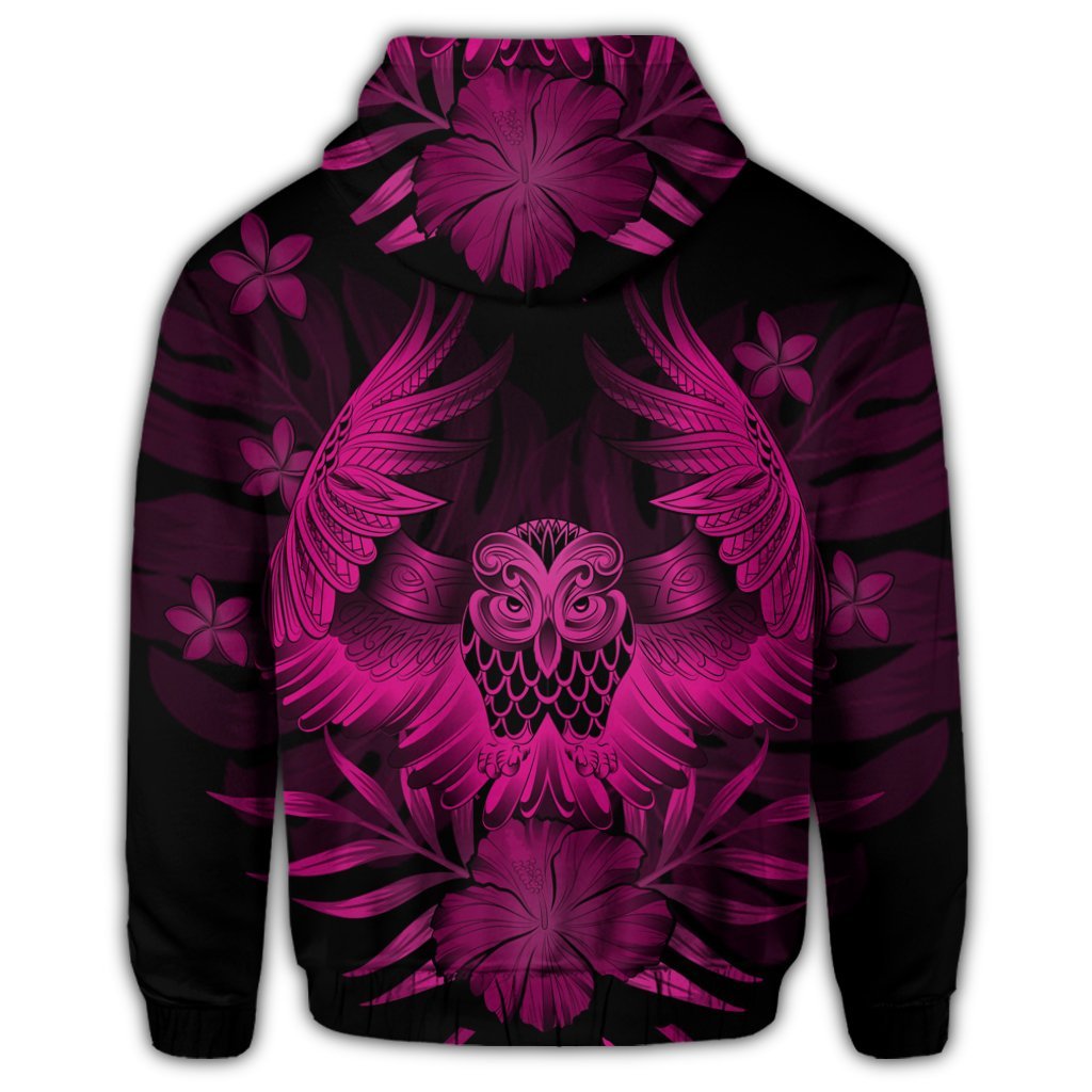 Hawaiian Owl Hibiscus Plumeria Polynesian Zip Hoodie Pink - Polynesian Pride