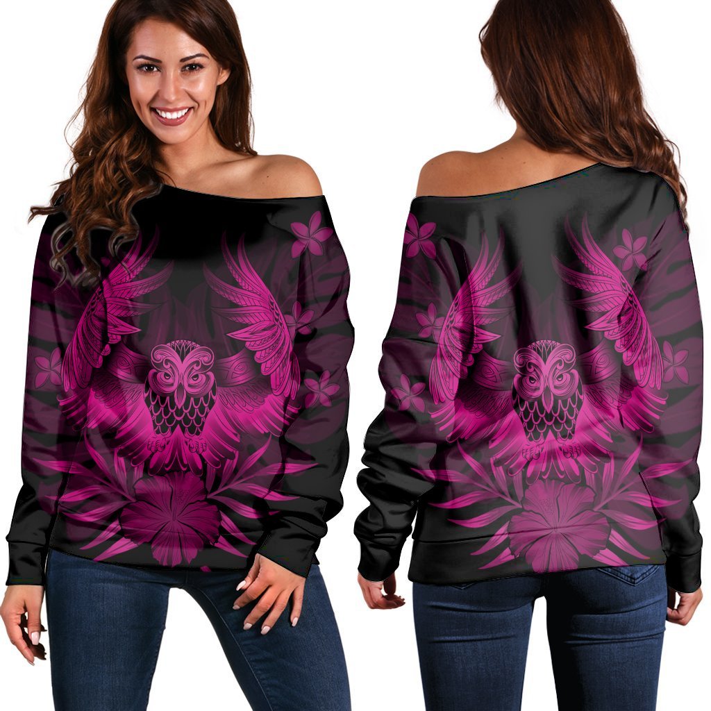 Hawaiian Owl Hibiscus Plumeria Polynesian Women's Off Shoulder Sweater - Pink - AH Black - Polynesian Pride