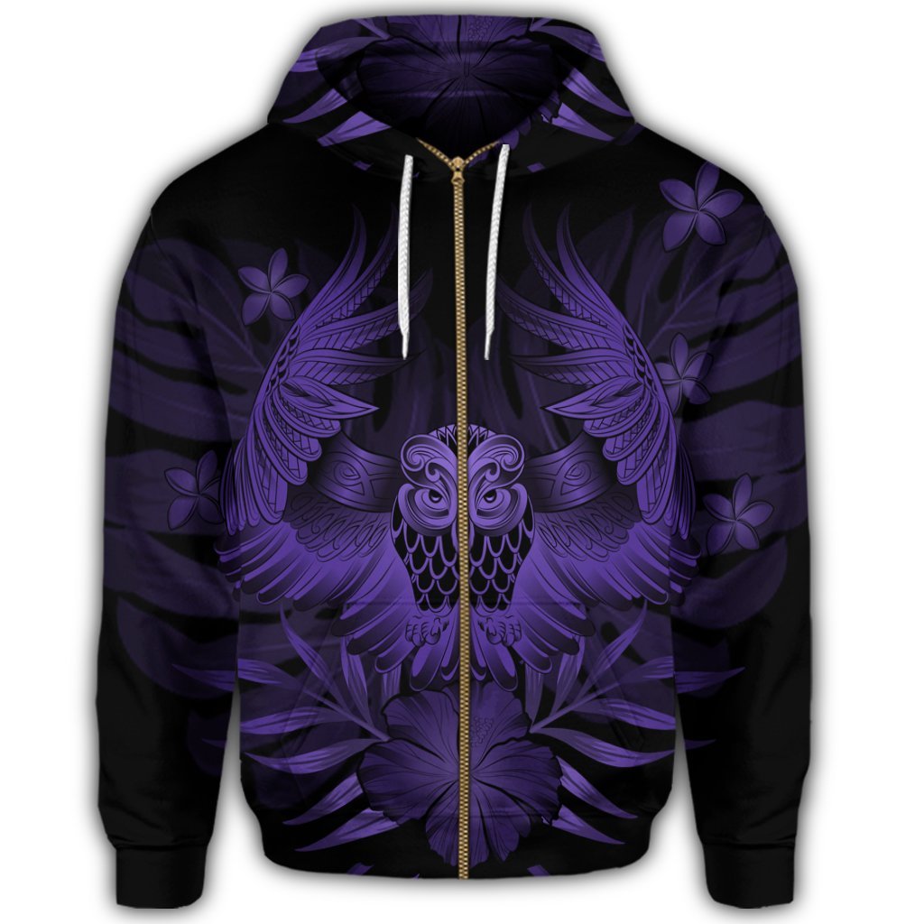 Hawaiian Owl Hibiscus Plumeria Polynesian Zip Hoodie Purple - Polynesian Pride