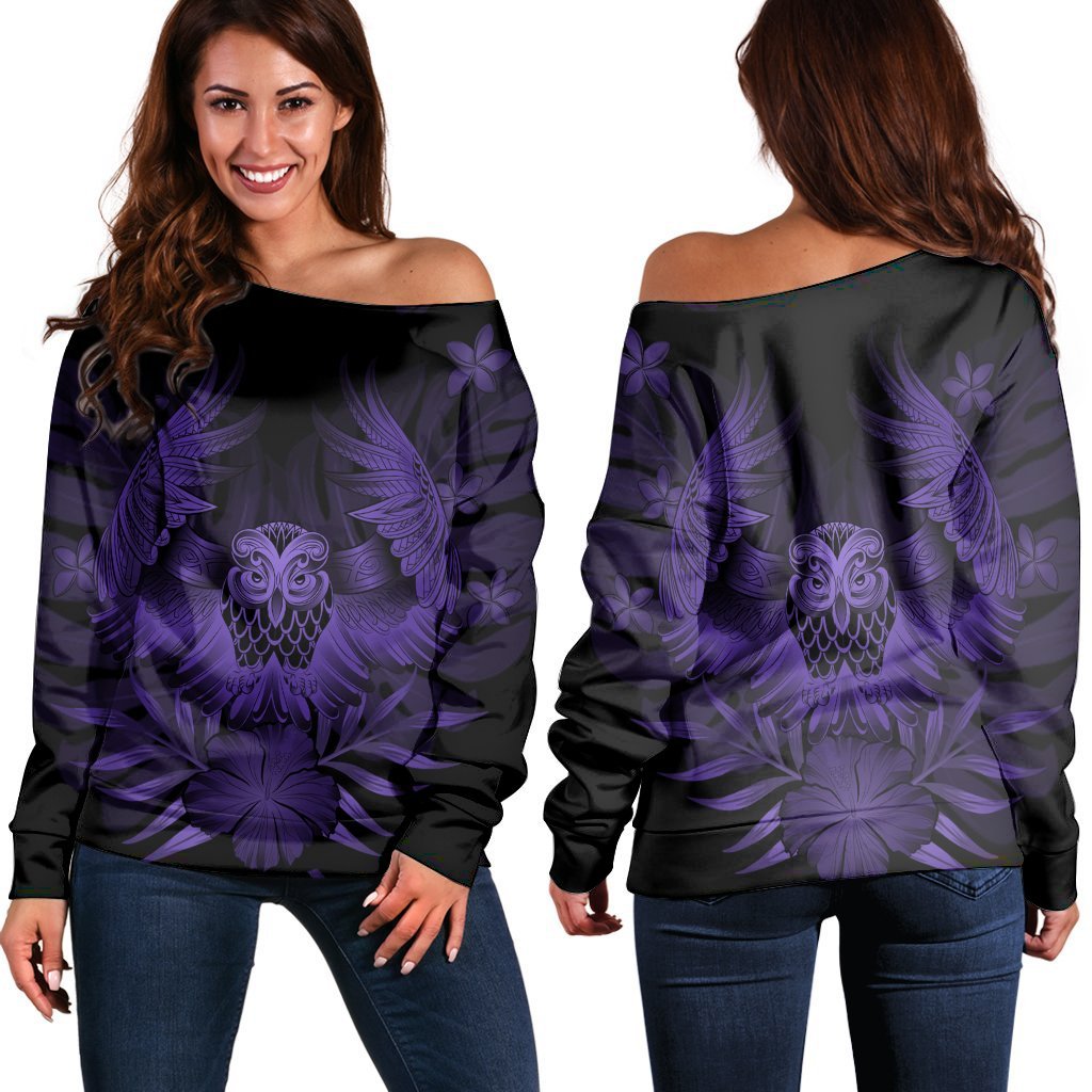 Hawaiian Owl Hibiscus Plumeria Polynesian Women's Off Shoulder Sweater - Purple - AH Black - Polynesian Pride