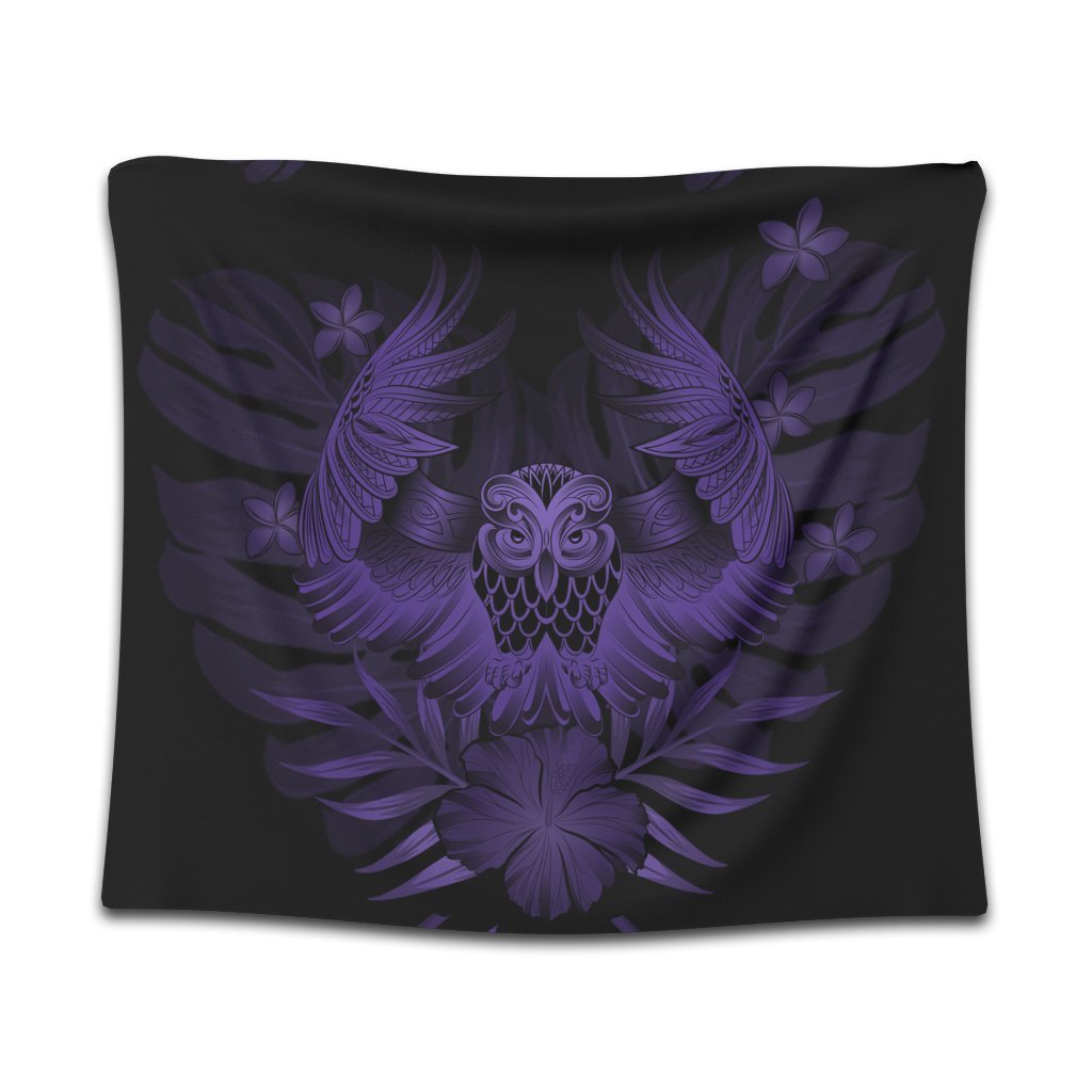 Hawaiian Owl Hibiscus Plumeria Polynesian Tapestry - Purple - AH Wall Tapestry Black - Polynesian Pride