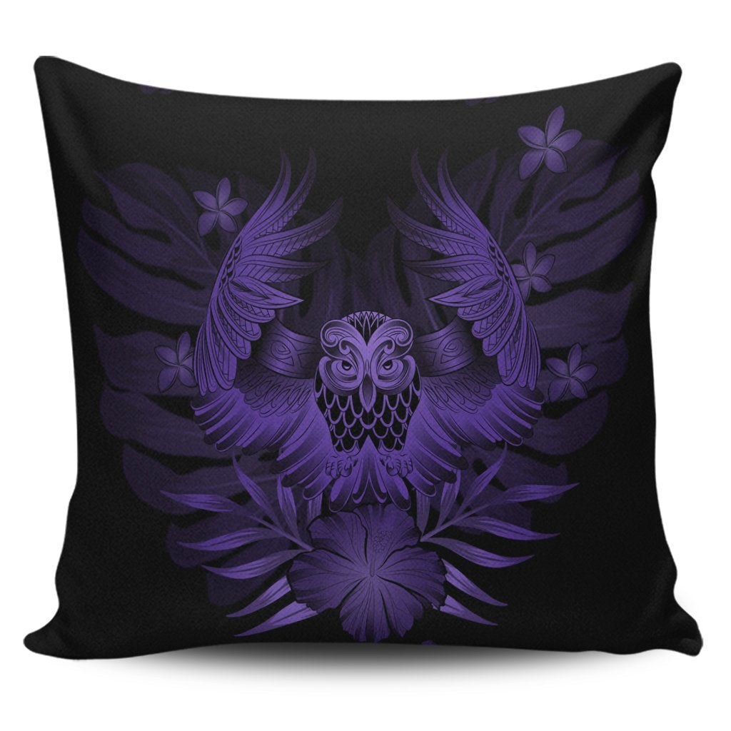 Hawaiian Owl Hibiscus Plumeria Polynesian Pillow Covers - Purple - AH Pillow Covers Black - Polynesian Pride