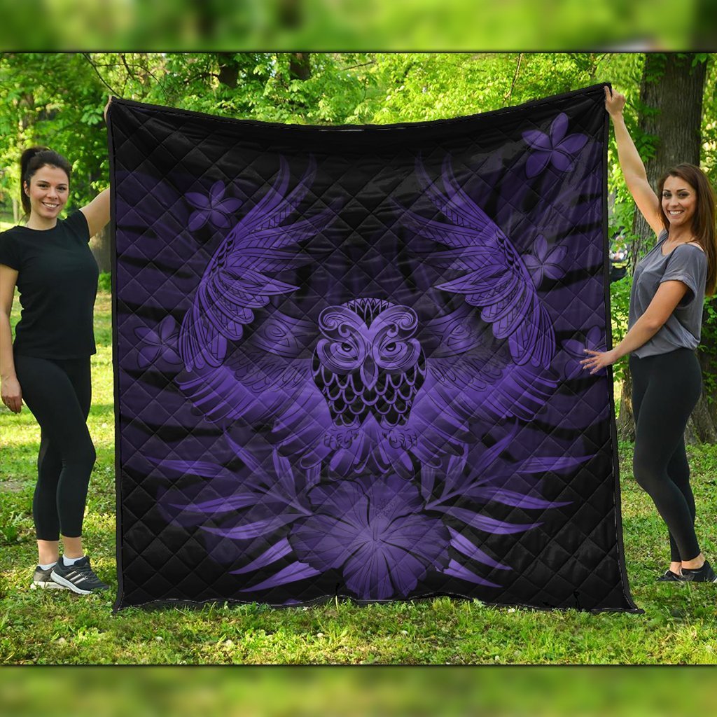 Hawaiian Owl Hibiscus Plumeria Polynesian Premium Quilts - Purple - AH Black - Polynesian Pride