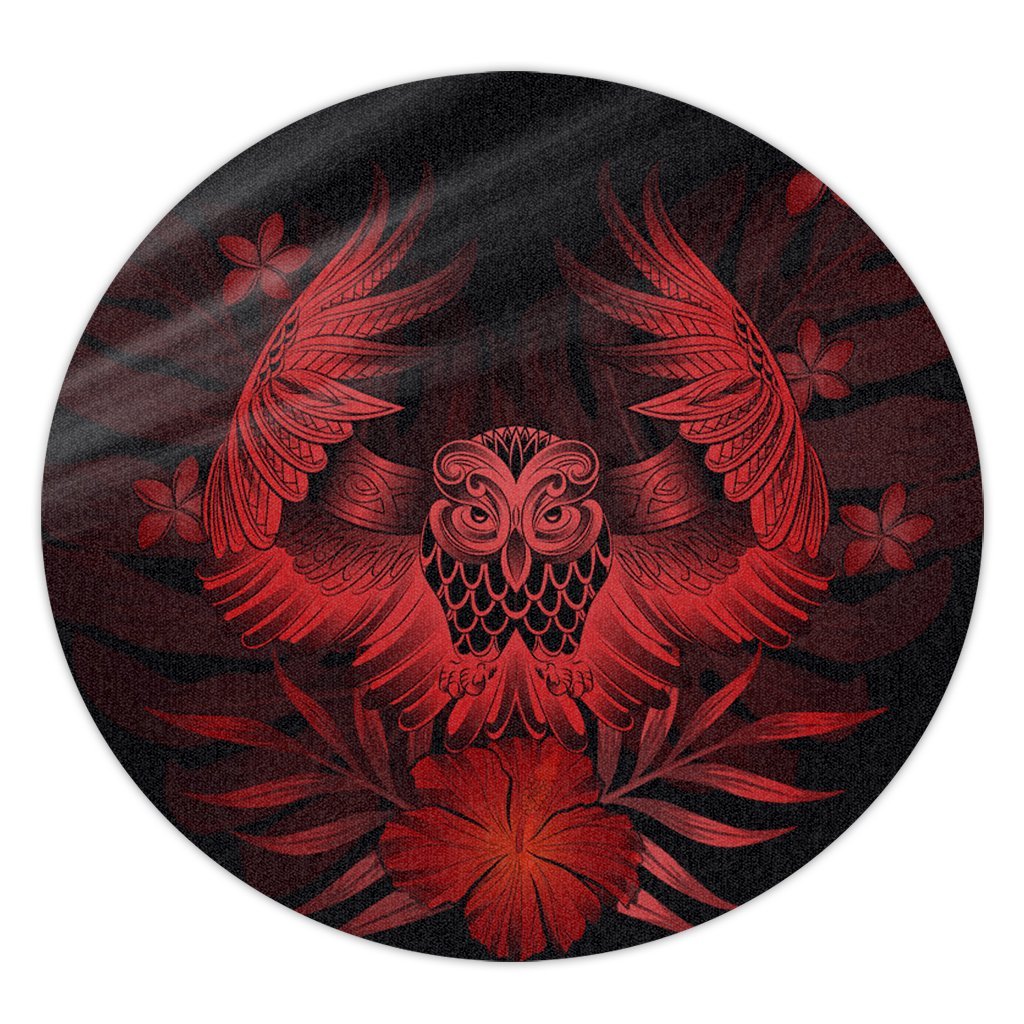 Hawaiian Owl Hibiscus Plumeria Polynesian Round Carpet - Red - AH Round Carpet Luxurious Plush - Polynesian Pride