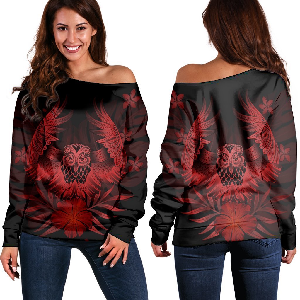 Hawaiian Owl Hibiscus Plumeria Polynesian Women's Off Shoulder Sweater - Red - AH Black - Polynesian Pride