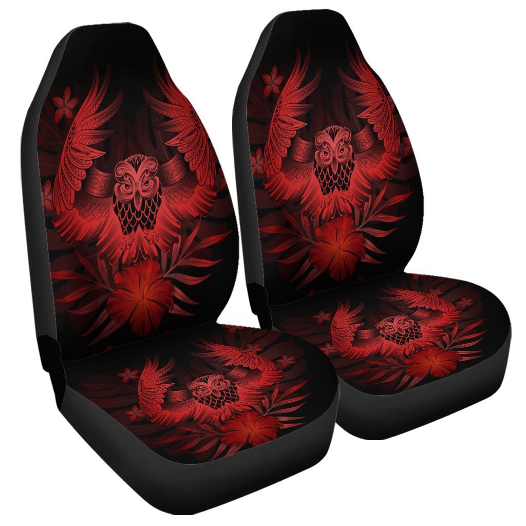 Hawaiian Owl Hibiscus Plumeria Polynesian Car Seat Covers - Red - AH Universal Fit Black - Polynesian Pride