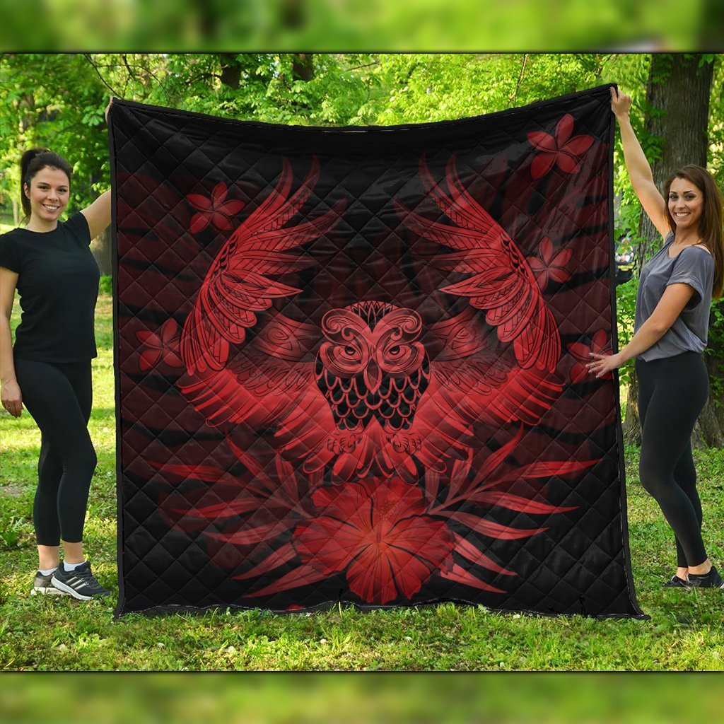 Hawaiian Owl Hibiscus Plumeria Polynesian Premium Quilts - Red - AH Black - Polynesian Pride