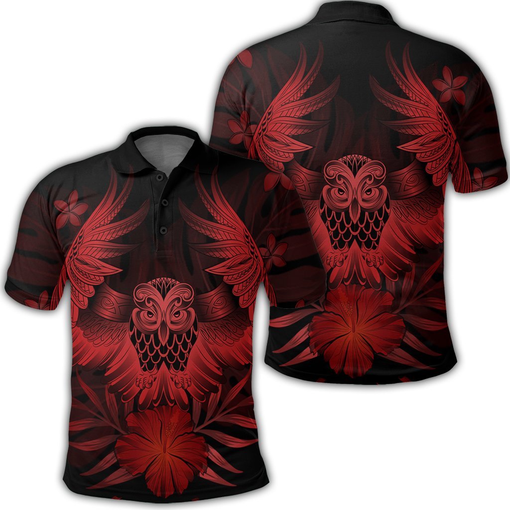 Hawaiian Owl Hibiscus Plumeria Polynesian Polo Shirt Red Unisex Black - Polynesian Pride