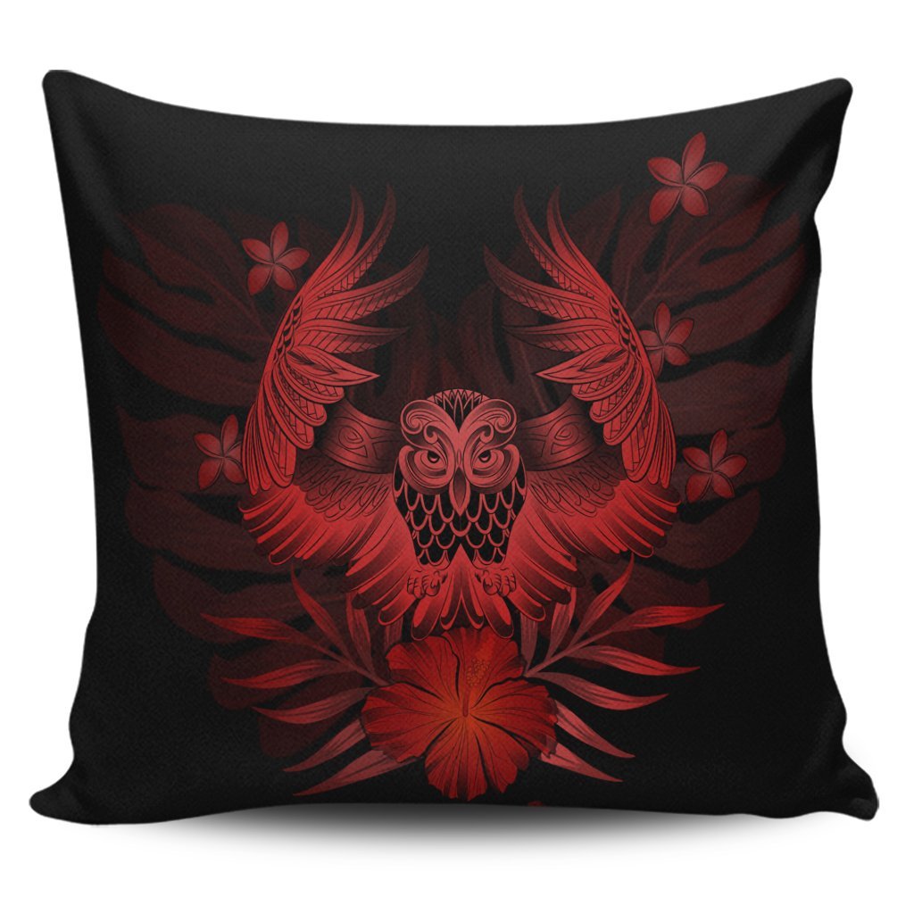 Hawaiian Owl Hibiscus Plumeria Polynesian Pillow Covers - Red - AH Pillow Covers Black - Polynesian Pride