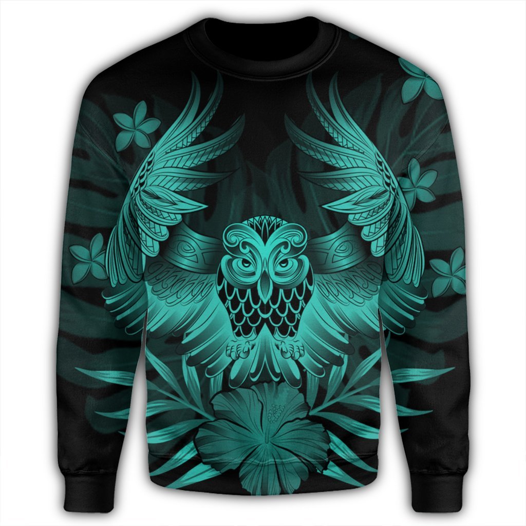 Hawaiian Owl Hibiscus Plumeria Polynesian Sweatshirt - Turquoise - AH - Polynesian Pride