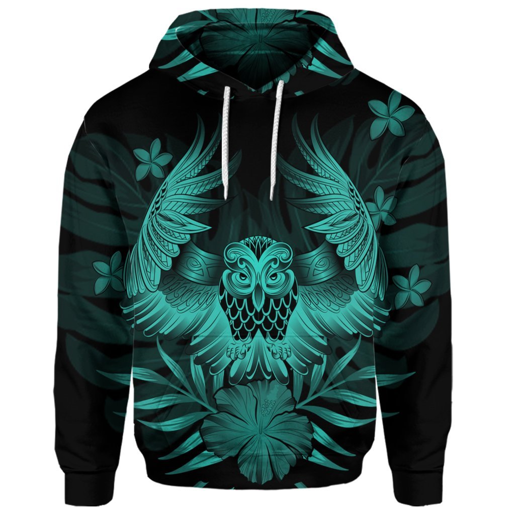 Custom Hawaiian Owl Hibiscus Plumeria Polynesian Hoodie Turquoise - Polynesian Pride