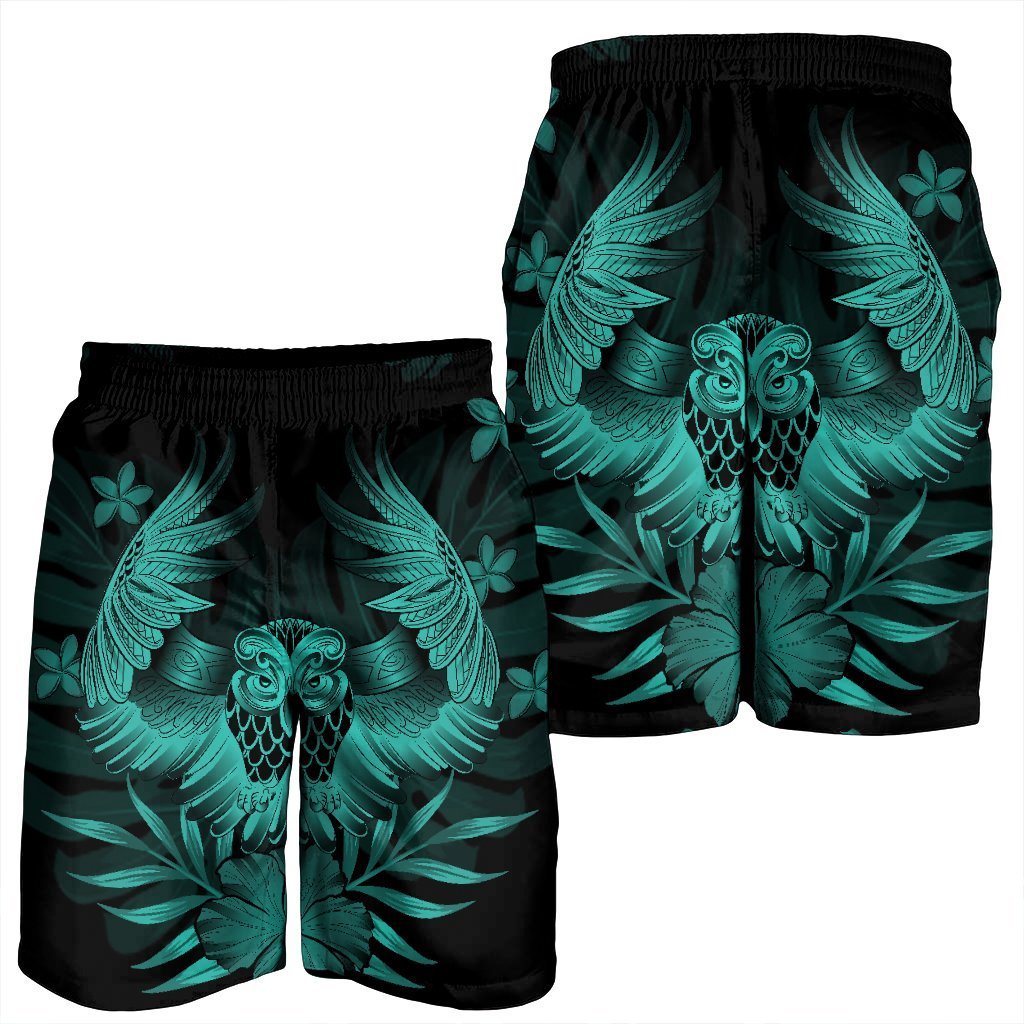 Hawaiian Owl Hibiscus Plumeria Polynesian Men's Shorts - Turquoise - AH - Polynesian Pride