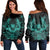 Hawaiian Owl Hibiscus Plumeria Polynesian Women's Off Shoulder Sweater - Turquoise - AH Black - Polynesian Pride