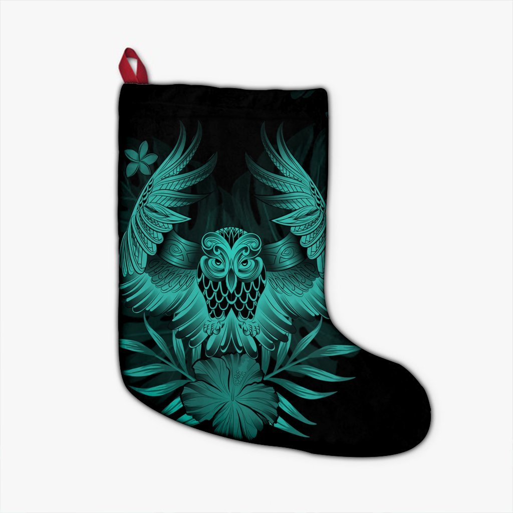 Hawaiian Owl Hibiscus Plumeria Polynesian Christmas Stocking - Turquoise - AH Christmas Stocking 26 X 42 cm Black - Polynesian Pride