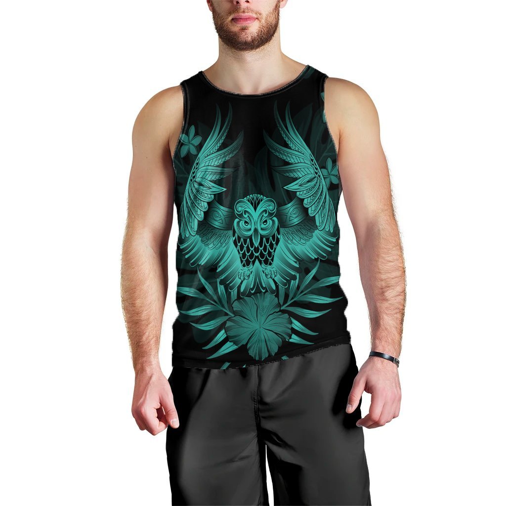 Hawaiian Owl Hibiscus Plumeria Polynesian Tank Top - Turquoise - AH Black - Polynesian Pride