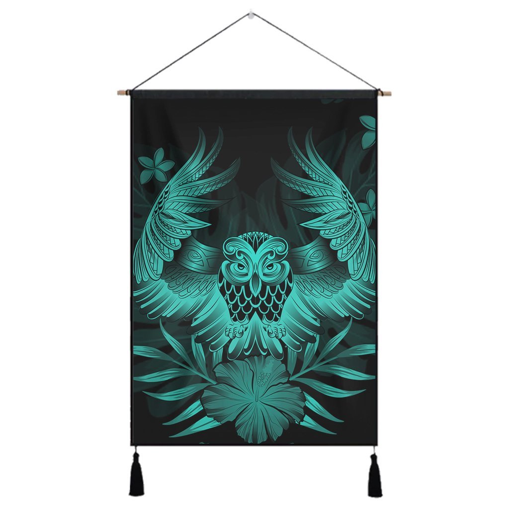 Hawaiian Owl Hibiscus Plumeria Polynesian Hanging Poster - Turquoise - AH Hanging Poster Cotton And Linen - Polynesian Pride