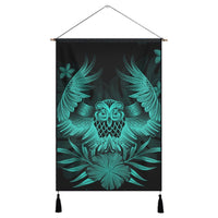 Hawaiian Owl Hibiscus Plumeria Polynesian Hanging Poster - Turquoise - AH Hanging Poster Cotton And Linen - Polynesian Pride